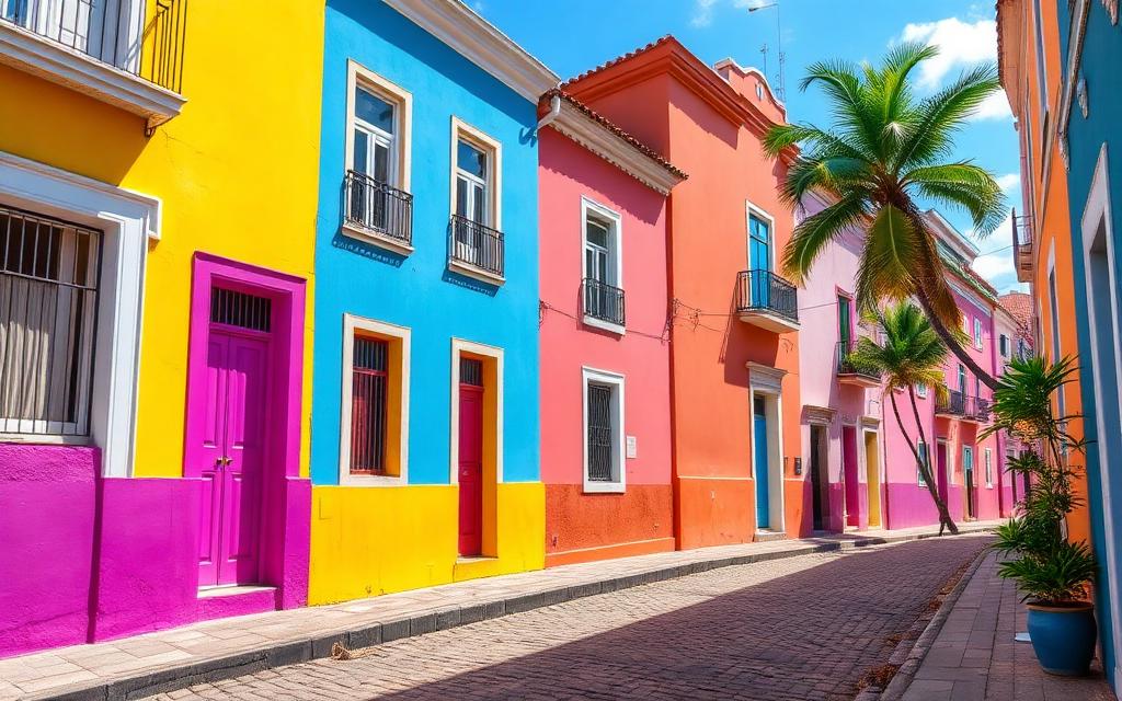 Colorful colonial facades along a cobblestone street in Pelourinho, Salvador, Brazil