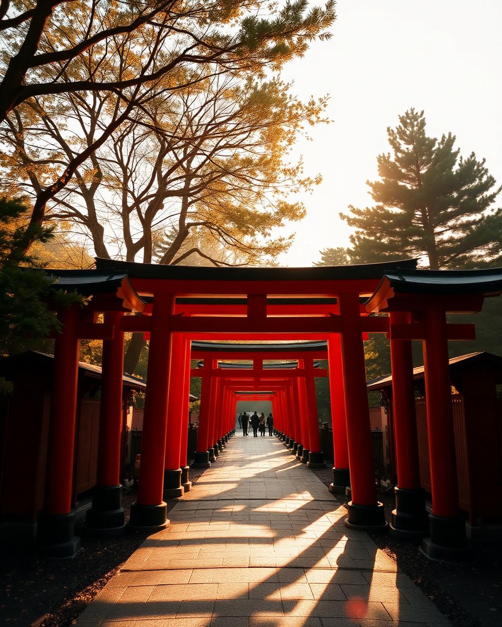 Vermilion torii gates at Fushimi Inari shrine in Kyoto at sunrise
