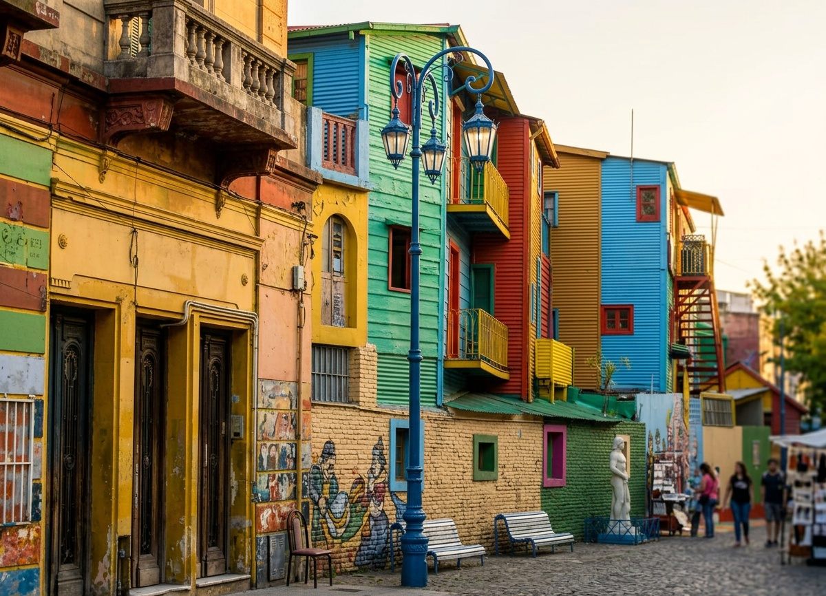 Sunlit cobblestone street lined with colorful corrugated-iron houses in Caminito, La Boca