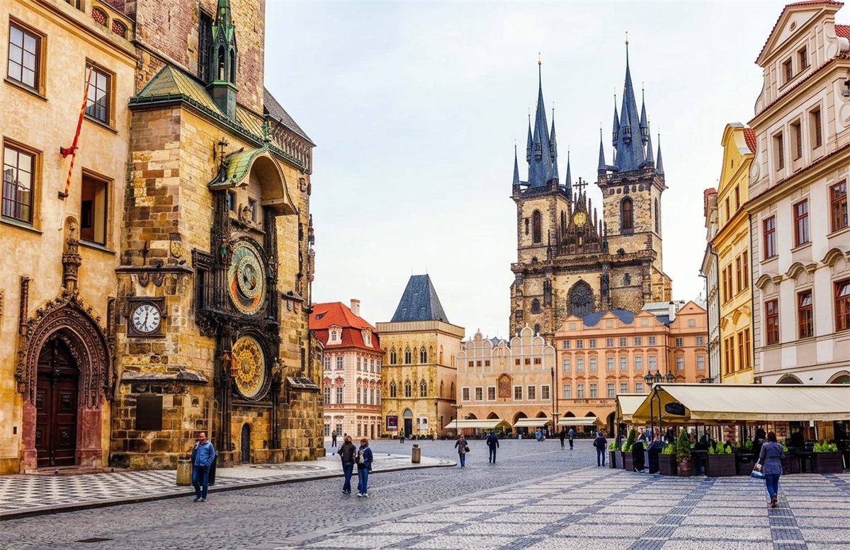 Prague Old Town Square with the Astronomical Clock tower and the Gothic spires of the Church of Our Lady before Tyn